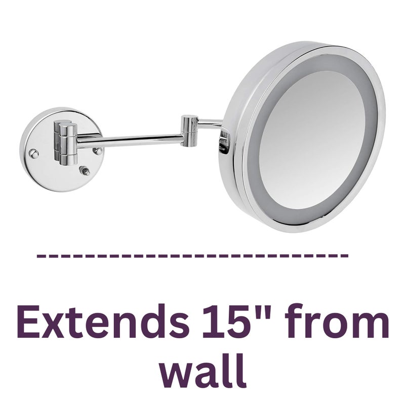 JERDON Wall Mounted Chrome Finish Makeup Mirror with LED Light â€“ 3X Magnification â€“ 9.75â€ Diameter Mirror â€“ Extends 15â€ â€“ Direct Wire Only â€“ Model HL8C - Image 4